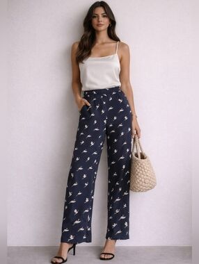 Theory Silk Pants Size 4 Navy Bird Print Wide Leg Pull On Elastic Waist